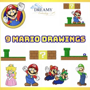 Paquete de diseños de bordado de Super Mario: 9 dibujos de Mario (pes, jef, dst, xxx, exp, hus, vp3, pec) – Descarga instantánea de archivos de bordado a máquina