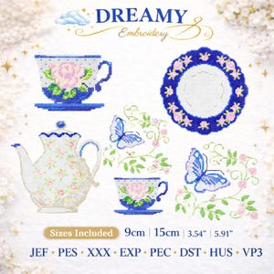 Tea Set Embroidery Design Bundle, Teacup Teapot Butterfly Cross Stitch Style, Vintage Floral Tea Cup Machine Embroidery