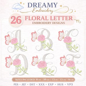 Floral Alphabet Embroidery Design A-Z, Rose Butterfly Monogram Letters, Elegant Script Initials, Machine Embroidery Font Set, 5 sizes