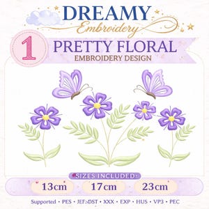 Butterfly Floral Embroidery Design, Purple Flower Embroidery Pattern, Butterfly Machine Embroidery, Floral Embroidery