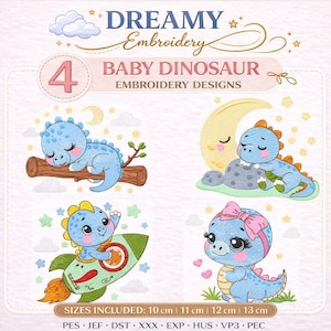 Baby Dinosaur Embroidery Design Bundle, Cute Dino Embroidery Files, Nursery Dinosaur Embroidery Pattern, Machine Embroidery