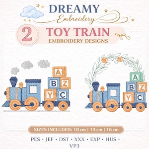 Baby Train Embroidery Design Bundle, Cute Train with ABC Blocks, Nursery Embroidery File, Kids Train Embroidery Pattern