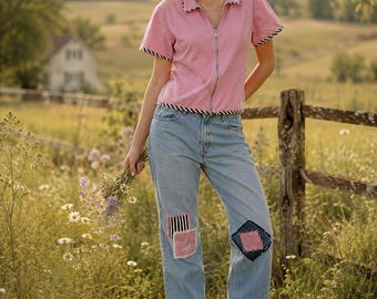 Vintage 90s Upcycled Levi’s 505 Matching Set Handmade Patchwork Jeans & Pink Zip top  One of a Kind Artwear
