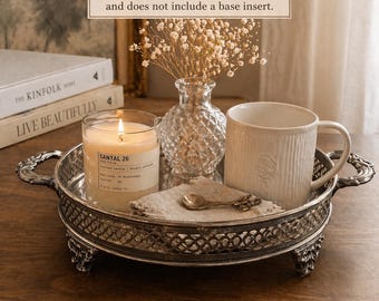 Marco para bandeja de galería chapado en plata vintage / Soporte para bandeja con patas ornamentadas / Elevador decorativo / Estilo Hollywood Regency