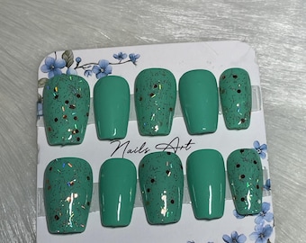 Aqua & Glitter Short Square nails