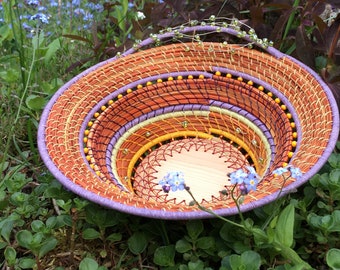 Handmade Beaded Basket Sculpture, Orange, Celedon Green