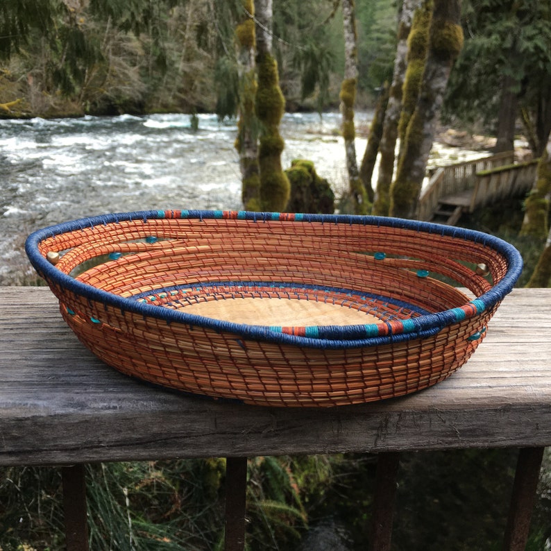 Decorative Pine Needle Basket with Exotic Hardwood image 1