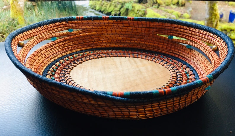 Decorative Pine Needle Basket with Exotic Hardwood image 2