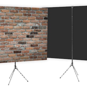 May include: A photography backdrop set featuring a brick wall design and a solid black background. The backdrops are mounted on adjustable tripod stands, ideal for studio or home photography. The brick wall backdrop is made of red, brown, and tan bricks.
