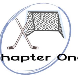 May include: An illustration featuring a hockey net, two crossed hockey sticks, and the text "Chapter One." The design is enclosed within a blue oval, suggesting a sports or educational theme.