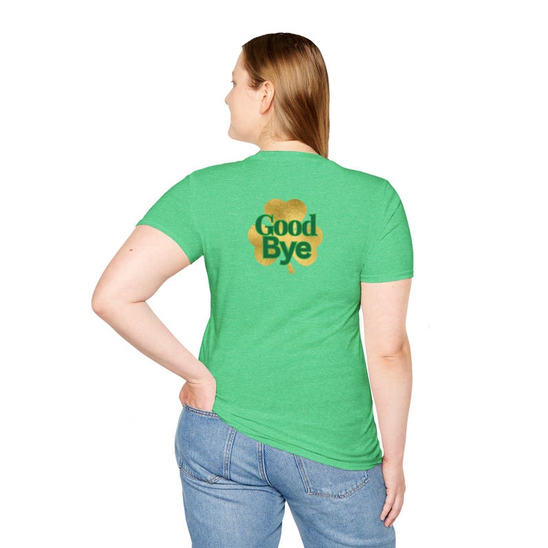 Irish shamrock tee | Irish T-Shirt with gold clover and 'Good Bye' back design image 4