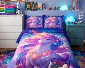 Magical Galaxy Unicorn Comforter Set Cosmic Purple Pink Bedding for Girls Kids