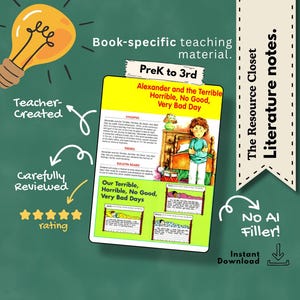 Op de afbeelding: Een digitaal lesmateriaal voor het boek Alexander and the Terrible, Horrible, No Good, Very Bad Day. Het document bevat een samenvatting, thema's en ideeën voor prikborden voor de kleuterschool tot groep 5, met een gele gloeilamp en vijf sterren.