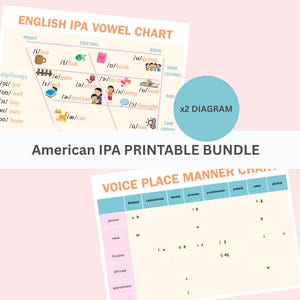 Könnte beinhalten: Ein amerikanisches IPA-Druckpaket mit zwei Lehrtafeln. Die englische IPA-Vokaltabelle zeigt phonetische Symbole mit zugehörigen Illustrationen, während die Voice Place Manner-Tabelle Konsonanten nach ihrer Artikulation ordnet.