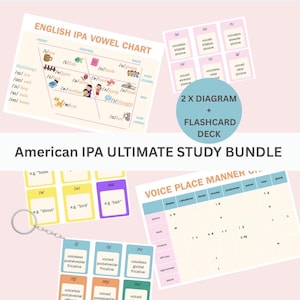 Puede incluir: Un paquete de estudio IPA americano que incluye una tabla de vocales IPA en inglés, una tabla de modo y punto de articulación, y varios juegos de tarjetas educativas. Un juego está unido a un llavero de metal plateado. El texto incluye American IPA ULTIMATE STUDY BUNDLE.