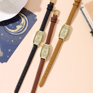 Rektangulär guldklocka för kvinnor, vintageklocka med smalt läderarmband, minimalistisk armbandsur, elegant present till henne, fin vardagsklocka