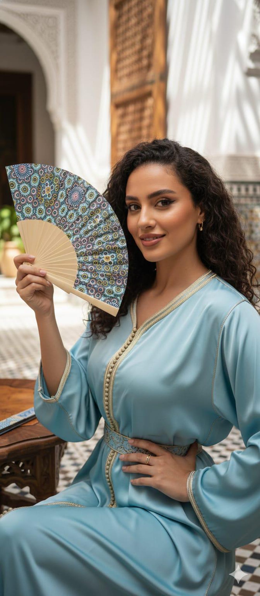 Handmade Moroccan Zellige Hand Fan - Folding Fabric Fan With