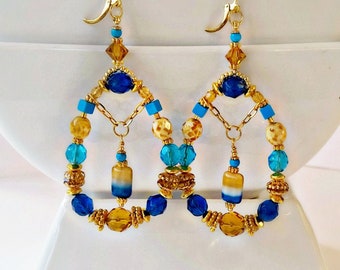 Beaded Hoop Dangle Earrings – Aqua, Topaz Gold, Boho Beach Jewelry
