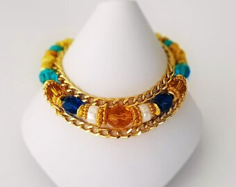 Modern Aqua Blue & Yellow Gold Beaded Crystal and Gold Chain Bracelet Chunky Multi-Stand Bracelet with Charms. Womens Bracelets