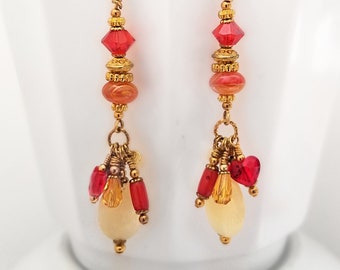 New! Red, Gold & Yellow Dangle Drop Earrings, Lone Red and Yellow Crystal Earrings, Wire wrapped shoulder dusters, Bohemian Style Earrings.