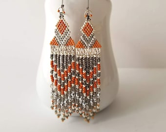 Long Bohemian Earrings, Orange & Silver Grey Earrings, Beaded Fringe Chandelier Earrings Boho Earrings, Festive Jewelry