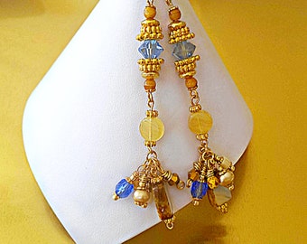 Long Beaded  Blue & Gold Charm Earrings, Wire Wrapped Beaded Dangles Earrings, Long Shoulder Duster