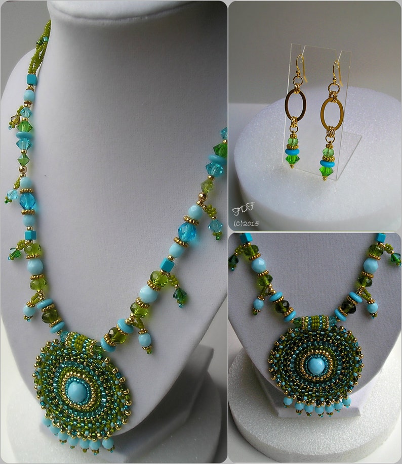 Boho Aqua Blue and Green Beaded Mandela Pendant Crystal Necklace & Earring Set Art Deco Turquoise and Green Seed Necklace Earring Set. image 4