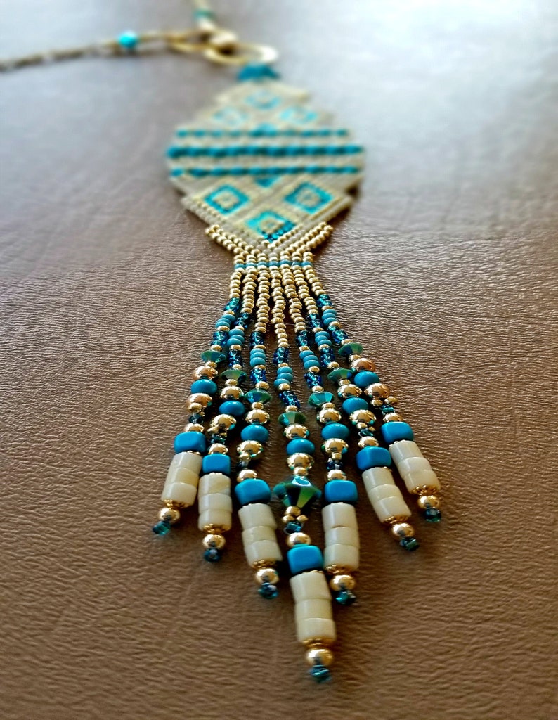 Long Gold Chain /& Aqua Tribal Pendant Necklace With Fringe Turquoise Jewelry 2021 Color of the Year A I Aqua Beadwork NEW