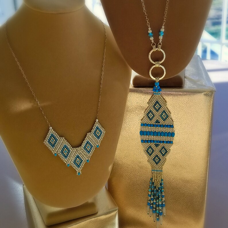Long Gold Chain /& Aqua Tribal Pendant Necklace With Fringe Turquoise Jewelry 2021 Color of the Year A I Aqua Beadwork NEW