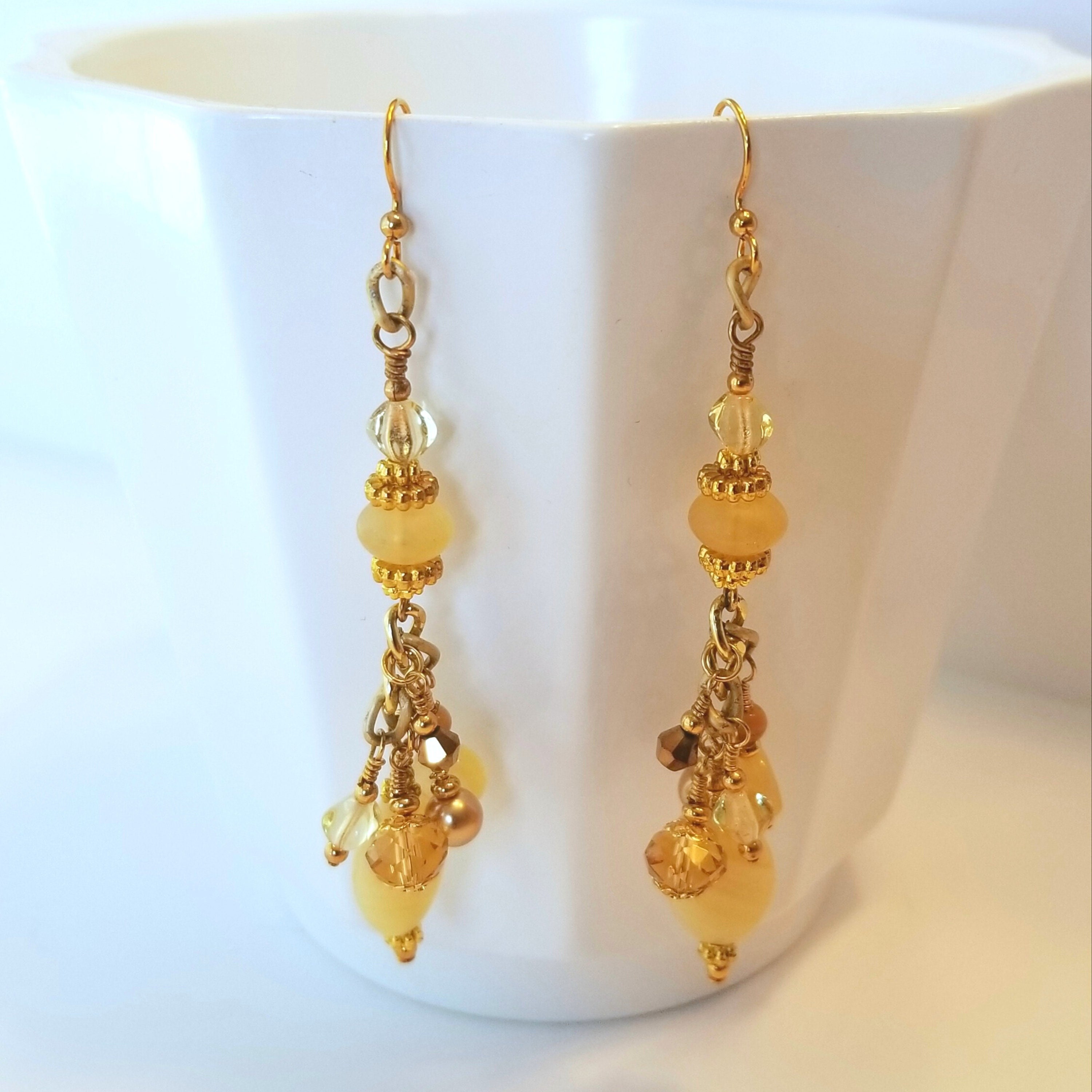 New! Long Yellow Gold Dangle Earrings, Shoulder Duster Earrings