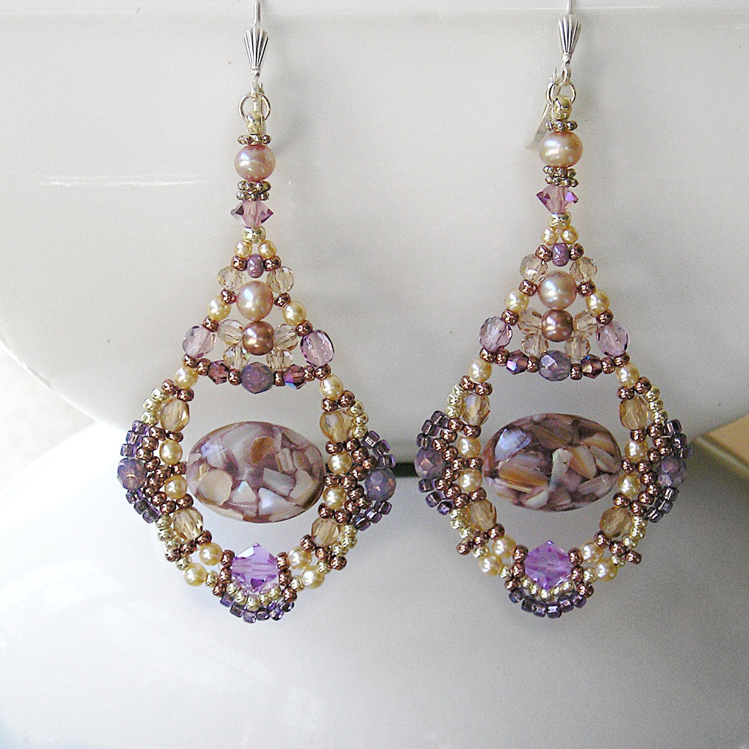 Lavender Glass Pearl and Peacock Bead Dangle Earrings