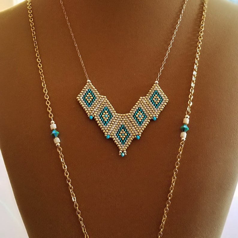 Long Gold Chain /& Aqua Tribal Pendant Necklace With Fringe Turquoise Jewelry 2021 Color of the Year A I Aqua Beadwork NEW