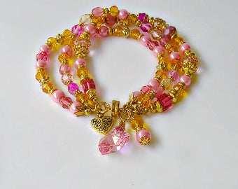 Glam Pink & Orange Crystal Stacked Bracelet, Beaded Crystal Heart Bracelet, Beaded Summer Floral Bracelet, Pink Medley Collection,