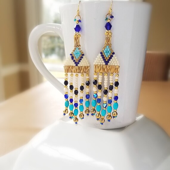 Gold Beige Turquoise Royal Blue Native American Style Gold Beige Turquoise Royal Blue, Chandelier Style Turquoise Earrings