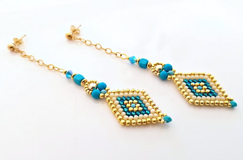 Long Gold Chain /& Aqua Tribal Pendant Necklace With Fringe Turquoise Jewelry 2021 Color of the Year A I Aqua Beadwork NEW