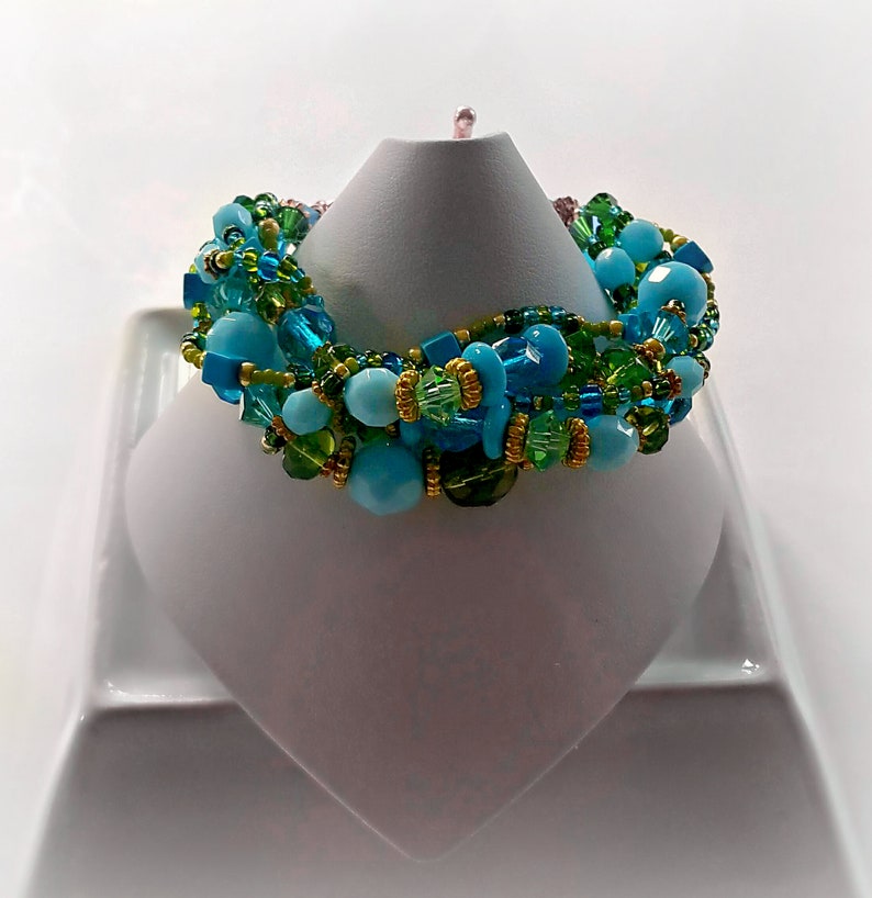 Boho Aqua Blue and Green Beaded Mandela Pendant Crystal Necklace & Earring Set Art Deco Turquoise and Green Seed Necklace Earring Set. image 6