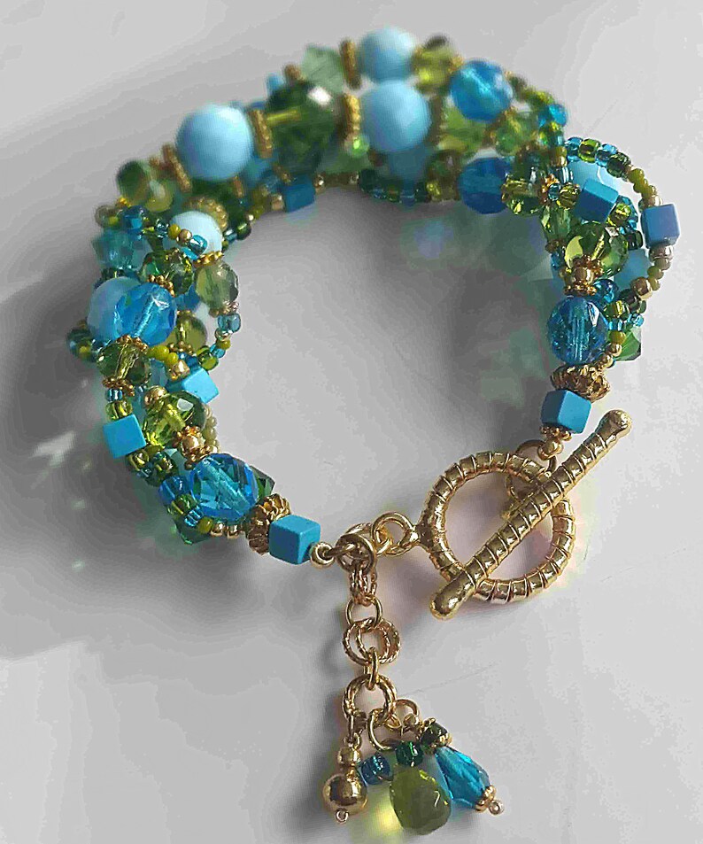 Boho Aqua Blue and Green Beaded Mandela Pendant Crystal Necklace & Earring Set Art Deco Turquoise and Green Seed Necklace Earring Set. image 5