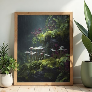 May include: A framed art print featuring a lush forest scene with mushrooms, moss, and purple flowers. The artwork is set in a wooden frame and evokes a sense of a rainy day in a woodland environment. The print is a nature-themed home decor item.