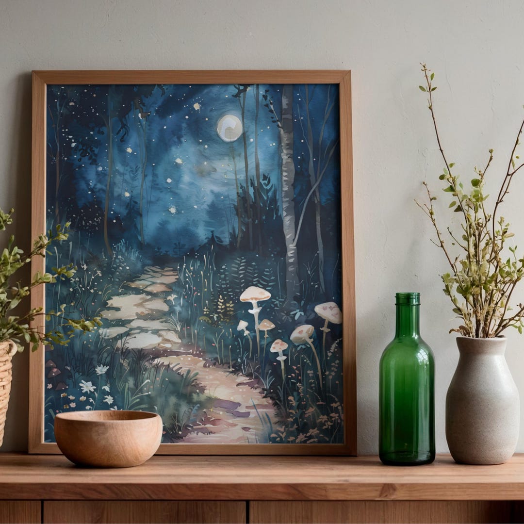 Moody Dark Forest Full Moon & Mushrooms Printable Wall Art | Misty ...