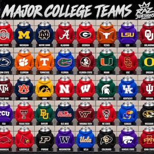 May include: A collection of beverage can insulators shaped like miniature hoodies, each featuring a unique college team logo and color scheme. The display includes various team names printed below each hoodie, with the text MAJOR COLLEGE TEAMS at the top.