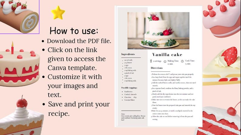 Cake Recipe Format Editable Recipe Card Template for Canva – Printable, Minimalist Kitchen ...