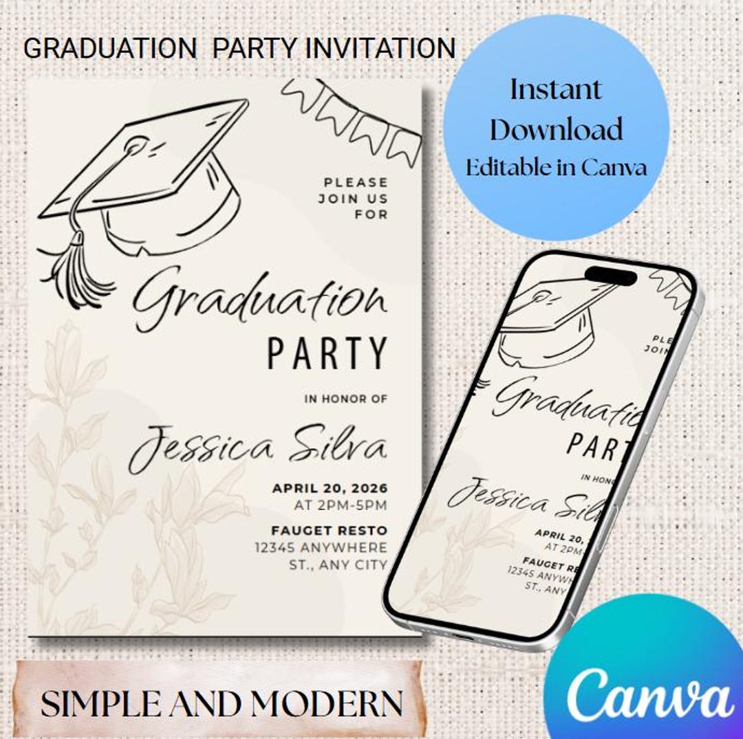 Minimalist Graduation Party Invitation Template, Modern and Simple Grad ...