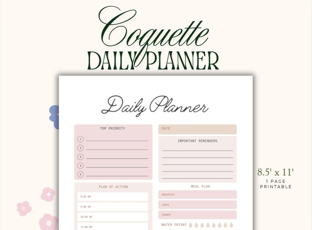 Daily Planner Printable PDF, Pink Coquette Agenda, Undated Schedule ...