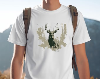 Buck Mist | hunting deer design, rustic forest artwork, outdoors wildlife tee