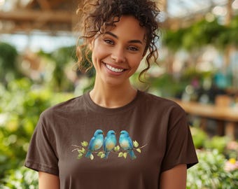 Three Birds‑Color1 | blue bird illustration, nature artwork, colorful perched birds design