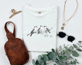 Three Birds‑Sketch | bird art, nature illustration, woodland line drawing