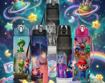 Botella de agua Mario Yoshi de 750 ml, botella infantil con pajita de dibujos animados, botella escolar a prueba de fugas, regalo para niños aficionados a los videojuegos, termo de viaje.