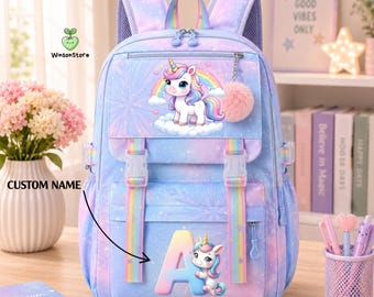 Personalized Unicorn Backpack for Girls, Custom Name School Bag, Unicorn Backpack Set, Girls School Backpack, Back to School Gift for Kids