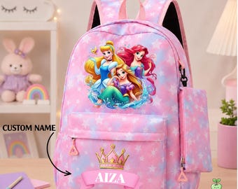 Personalized Disney Princess Backpack, Custom Name Bag, Princess Backpack for Girls, Cinderella Ariel Rapunzel Backpack, Back to School Gift