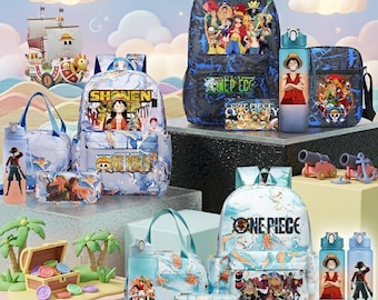 One Piece Luffy Backpack Set 4PCS – Anime School Bag Combo, Roronoa Zoro Pencil Case Lunch Bag Water Bottle, Shonen Jump Kids Gift